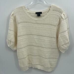 HOUSE OF HARLOW 1960 Knit Sweater Top Womens Size L Cream Short Puff Sleeve